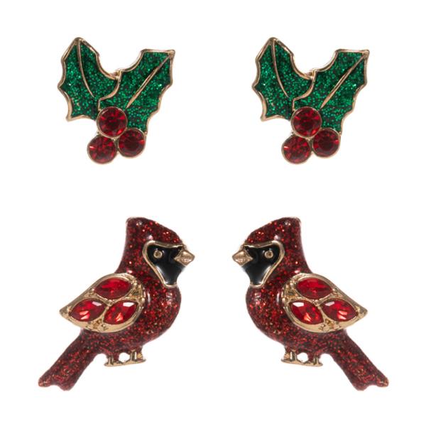 CARDINAL W/ HOLLY LEAF 2 SET HYPOALLERGENIC TITANIUM EARRING