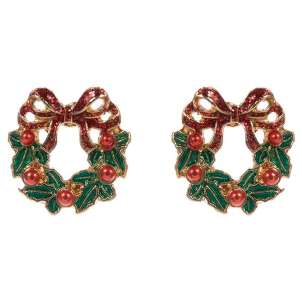 CHRISTMAS WREATH SHAPED ENAMEL HYPOALLERGENIC EARRING