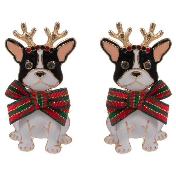 FRENCH BULLDOG W/  CHRISTMAS RIBBON HYPOALLERGENIC EARRING