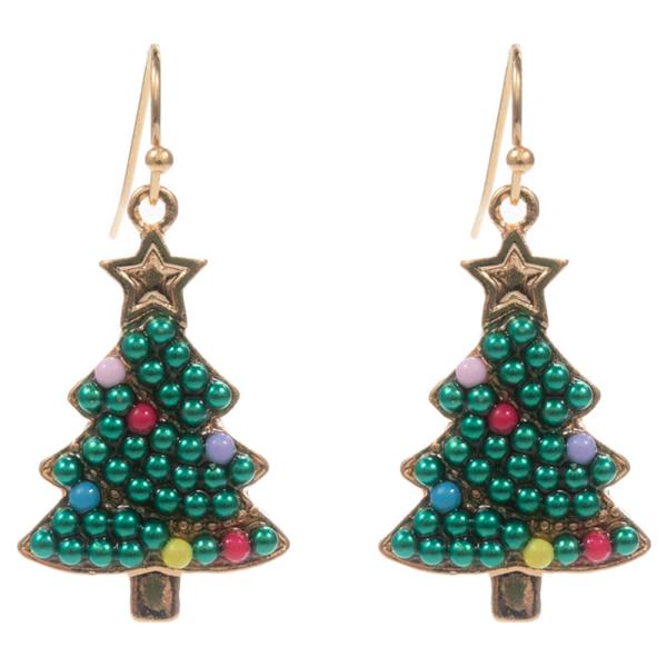 CHRISTMAS TREE SHAPED COLORED PEARLS  BRASS HOOP EARRING