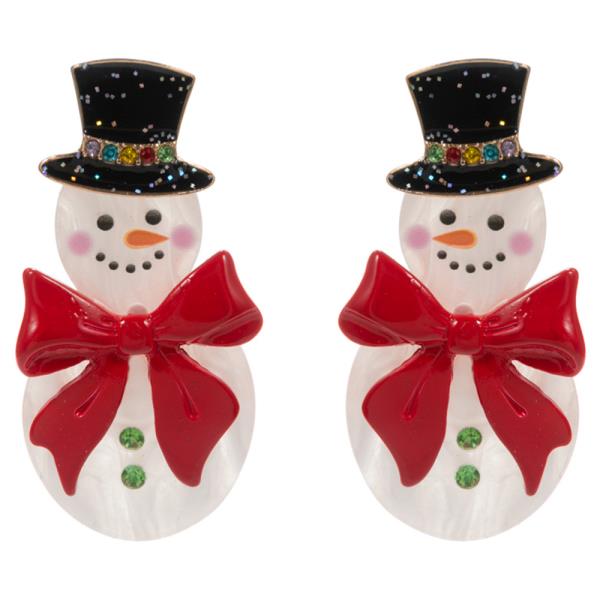 SNOWMAN SHAPED ACETATE W/ COLOR COATED BOW EARRING