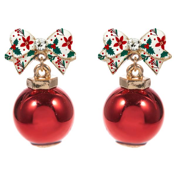CHRISTMAS PATTERNED BOW W/ BALL ORNAMENT EARRING
