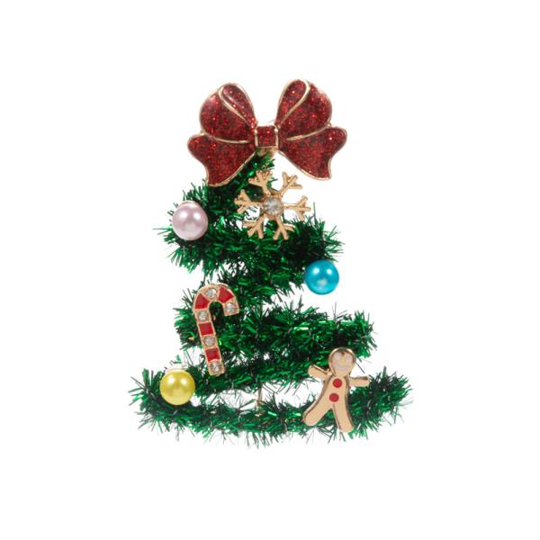 CHRISTMAS TREE SHAPED METALIC THREAD W/ ORNAMENT BROOCH