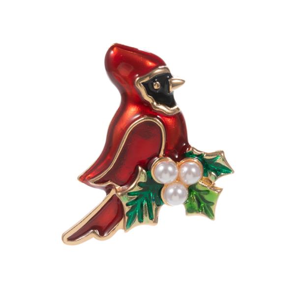 CARDINAL W/ PEARL HOLLY SINGLE BROOCH