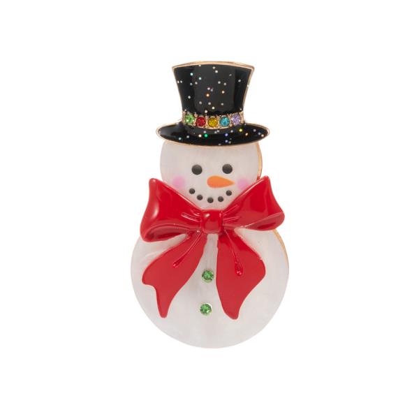 SNOWMAN SHAPED ACETATE W/ COLOR COATED BOW BROOCH