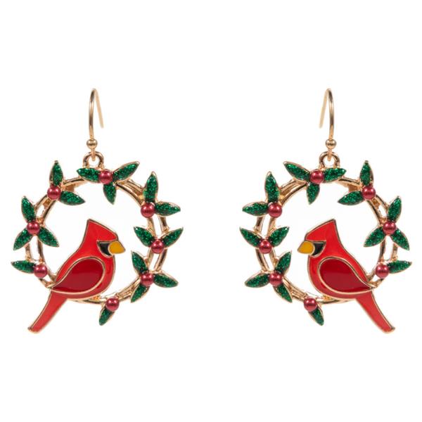 CHRISTMAS WREATH SHAPED ENAMEL WITH CARDINAL EARRING