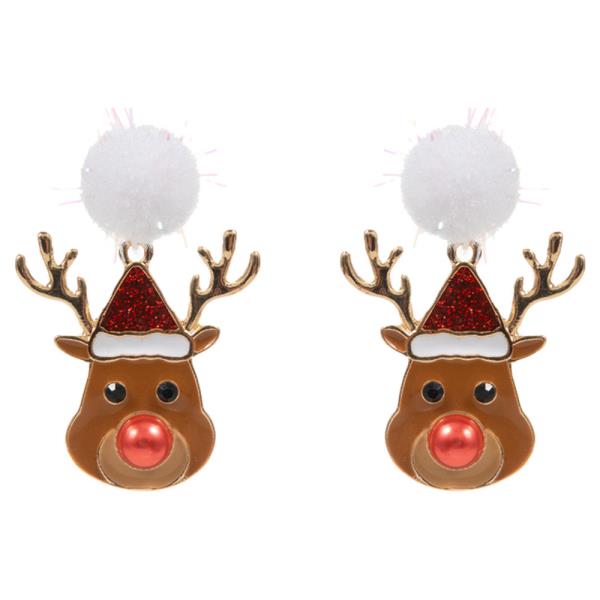 RUDOLPH SHAPED ENAMEL WITH METALLIC POM POM EARRING