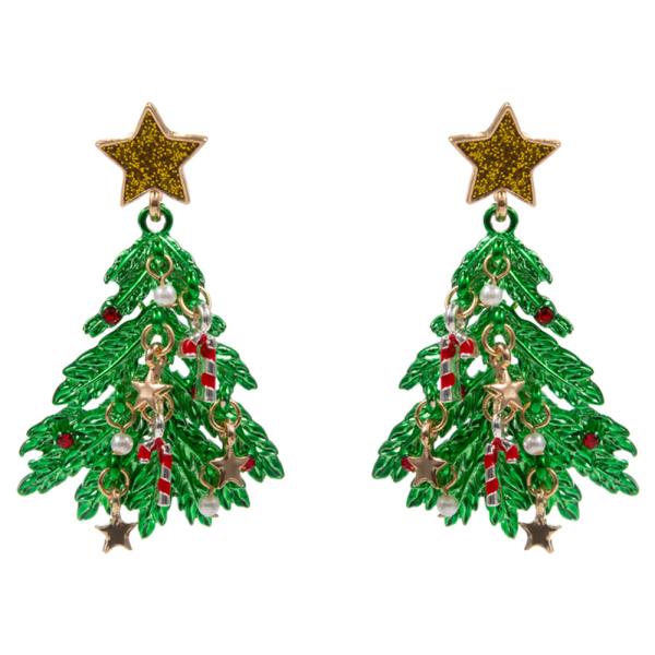 CHRISTMAS TREE SHAPED COLOR COATED 3 DROP PARTS EARRING