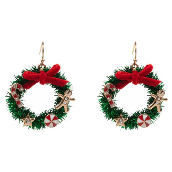 CHRISTMAS WREATH SHAPED METALLIC THREAD WITH ENAMEL EARRING