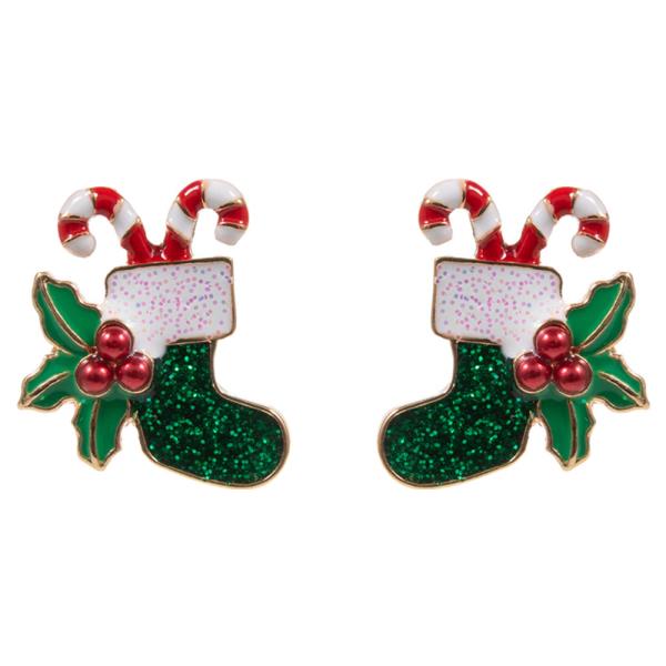 CHRISTMAS SOCKS SHAPED ENAMEL WITH CANDY CANE EARRING