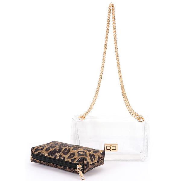 2IN1 TRANSPARENT CHAIN BAG W LEOPARD POUCH