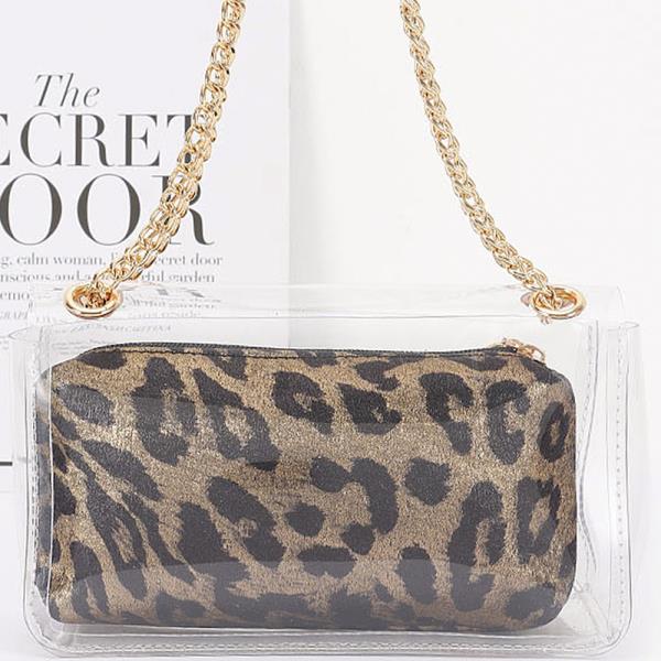 2IN1 TRANSPARENT CHAIN BAG W LEOPARD POUCH