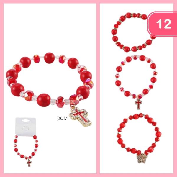 RHINESTONE CROSS PENDANT BEADED BRACELET (12 UNITS)