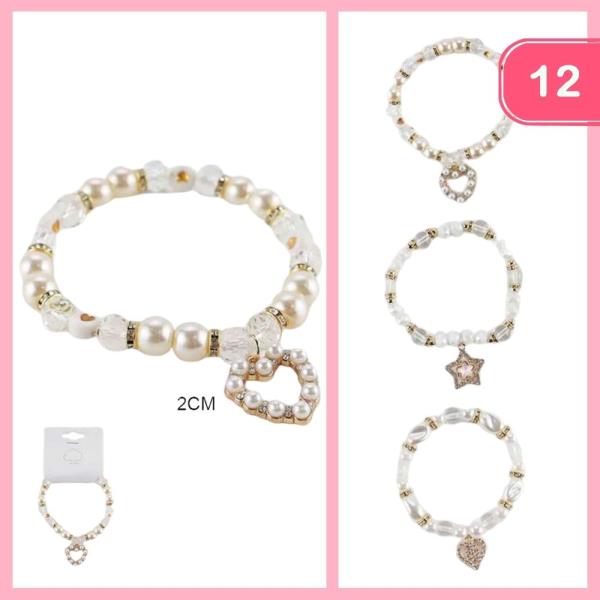 RHINESTONE PEARL HEART PENDANT BEADED BRACELET (12 UNITS)