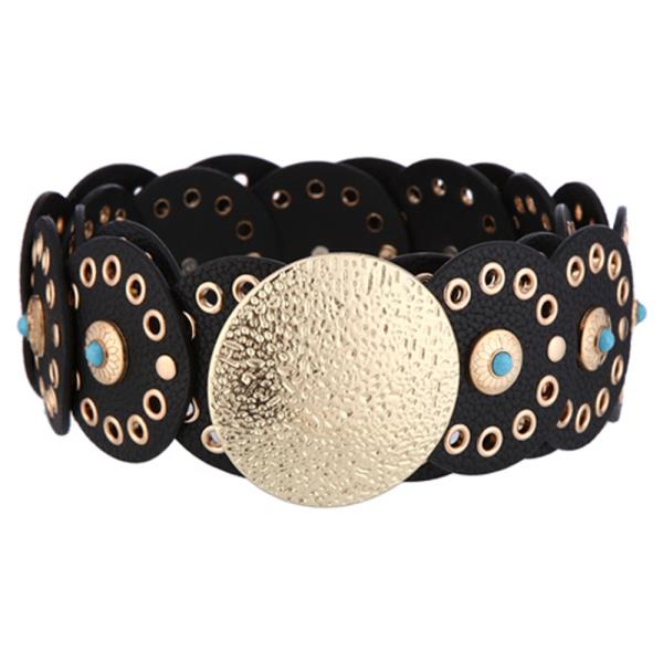 TEXTURED FAUX LEATHER METAL ROUND HAMMERED ORNAMENT TURQUOISE STUD EYELET STRETCH BELT