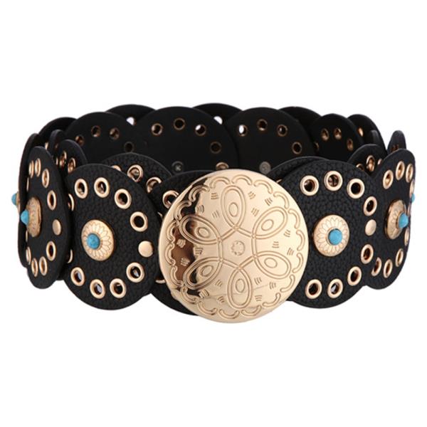 TEXTURED FAUX LEATHER METAL CIRCLE TURQUOISE ORNAMENT EYELET STRETCH BELT