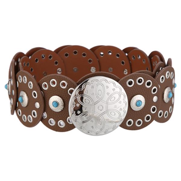 TEXTURED FAUX LEATHER METAL CIRCLE TURQUOISE ORNAMENT EYELET STRETCH BELT