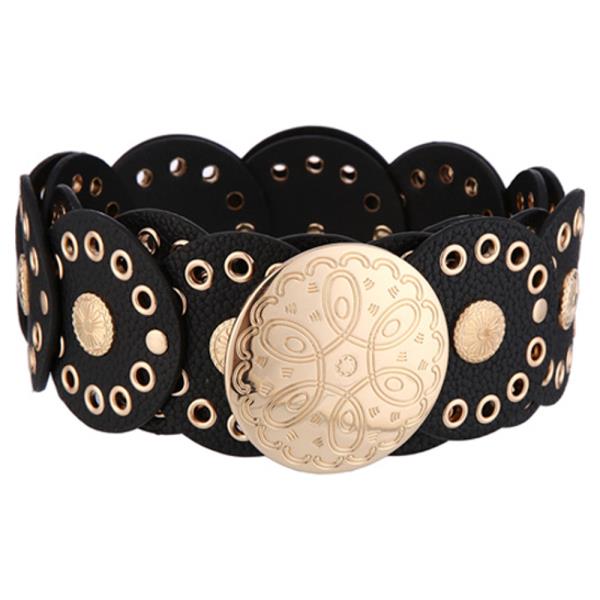 TEXTURED FAUX LEATHER GOLD METAL CIRCLE ORNAMENT EYELET STRETCH BELT