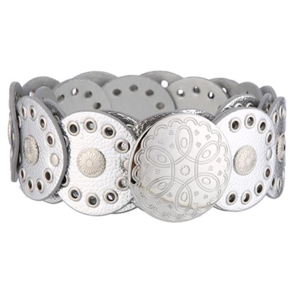 TEXTURED FAUX LEATHER GOLD METAL CIRCLE ORNAMENT EYELET STRETCH BELT