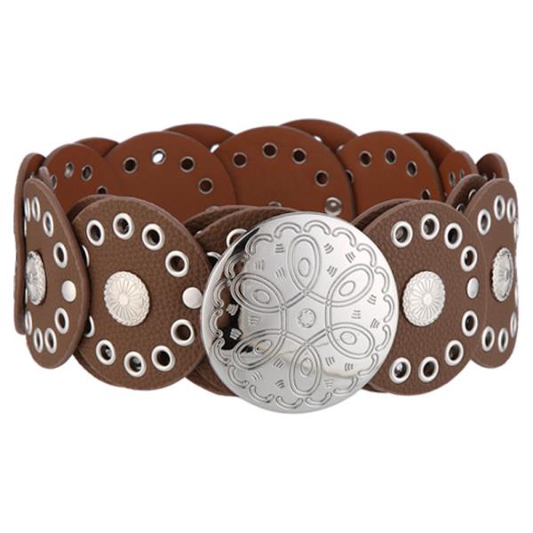 TEXTURED FAUX LEATHER GOLD METAL CIRCLE ORNAMENT EYELET STRETCH BELT