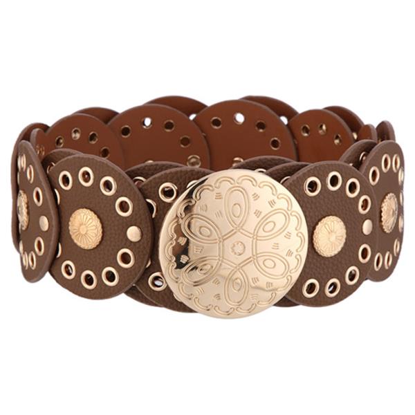 TEXTURED FAUX LEATHER GOLD METAL CIRCLE ORNAMENT EYELET STRETCH BELT