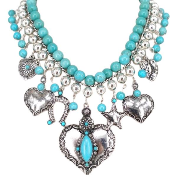 HEART PENDANT TURQUOISE BEAD NECKLACE