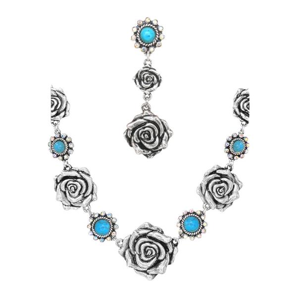 FLOWER RHINESTONE METAL NECKLACE