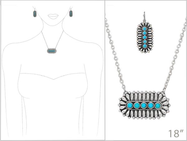 WESTERN TURQUOISE BEAD OVAL METAL PENDANT NECKLACE