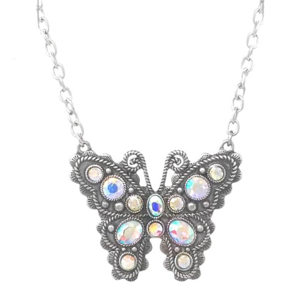 BUTTERFLY RHINESTONE PENDANT METAL NECKLACE