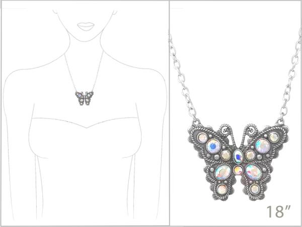 BUTTERFLY RHINESTONE PENDANT METAL NECKLACE