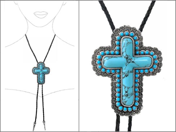 WESTERN BEADED CROSS BOLO NECKLACE
