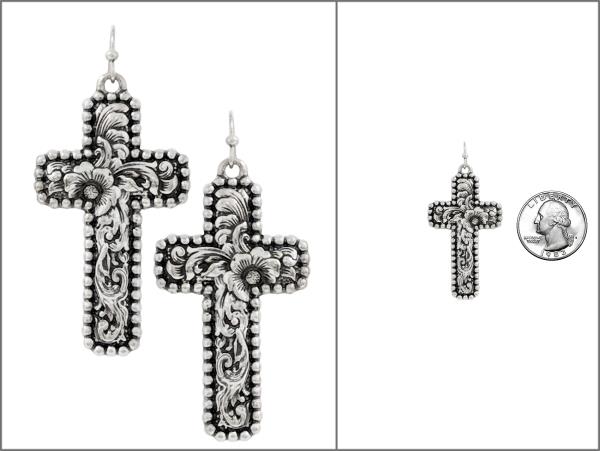 WESTERN FILIGREE PATTERN CROSS METAL EARRING