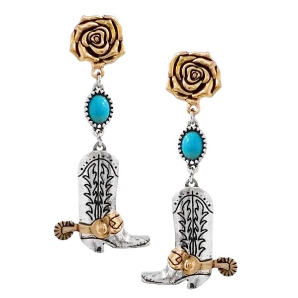 WESTERN BOOT OVAL TURQUOISE BEAD FLOWER EARRING