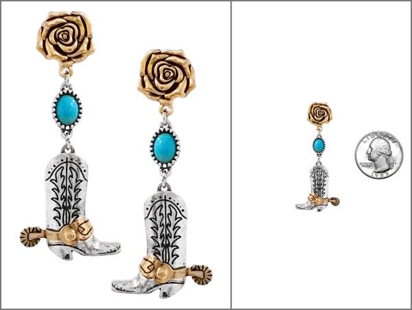 WESTERN BOOT OVAL TURQUOISE BEAD FLOWER EARRING
