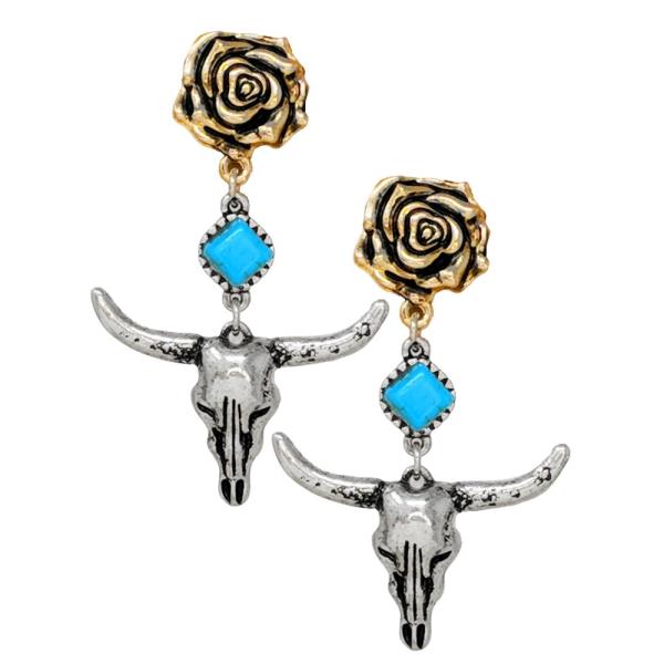 WESTERN CATTLE HEAD FLOWER DANGLE EARRING