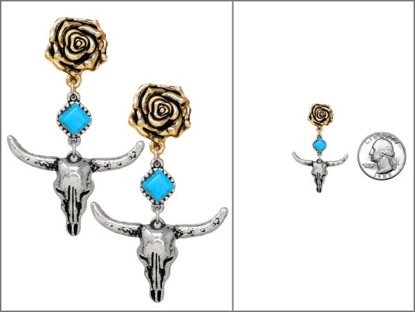 WESTERN CATTLE HEAD FLOWER DANGLE EARRING