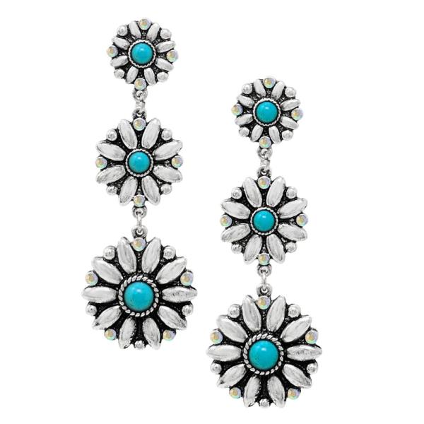WESTERN TURQUOISE BEAD FLOWER LINK DANGLE EARRING