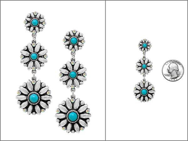 WESTERN TURQUOISE BEAD FLOWER LINK DANGLE EARRING