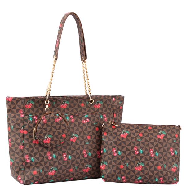 3IN1 CHERRY MONOGRAM TOTE W POUCH AND COIN PURSE SET