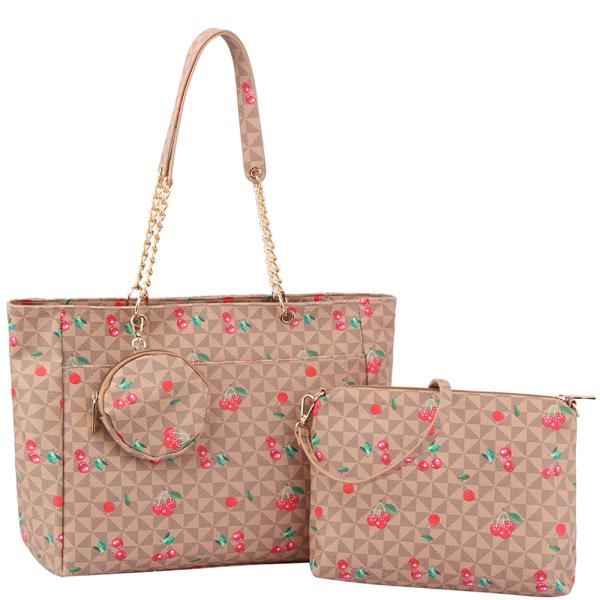 3IN1 CHERRY MONOGRAM TOTE W POUCH AND COIN PURSE SET