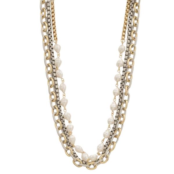 TWO TONE OVAL LINK PEARL BEAD LAYERED NECKLACE