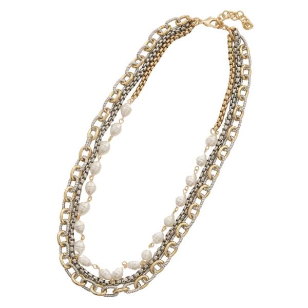 TWO TONE OVAL LINK PEARL BEAD LAYERED NECKLACE