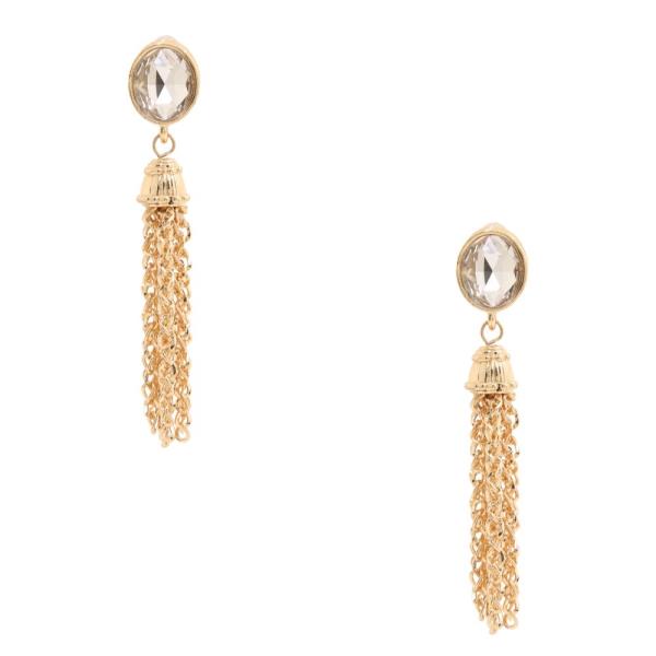 OVAL CRYSTAL CHAIN TASSEL DANGLE EARRING