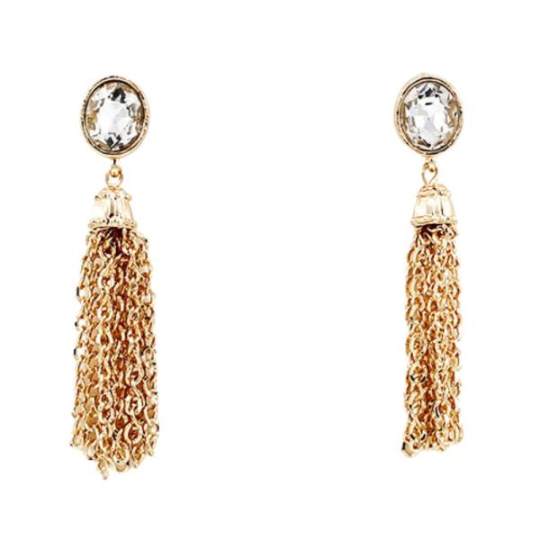 OVAL CRYSTAL CHAIN TASSEL DANGLE EARRING