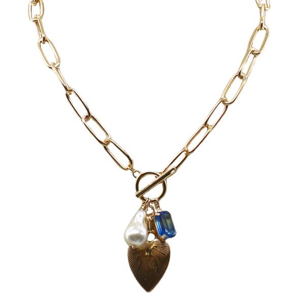 HEART PENDANT PEARL BEAD TOGGLE CLASP NECKLACE