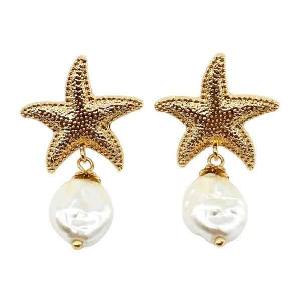 TEXTURED STARFISH PEARL BEAD LINK DANGLE EARRING