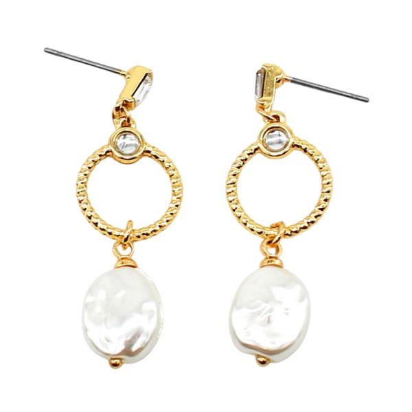 PEARL BEAD ROUND METAL HOOP LINK DANGLE EARRING