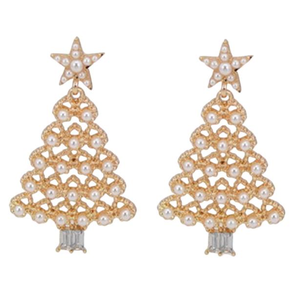 PEARL TEXTURED METAL CHRISTMAS TREE DROP EARRINGS