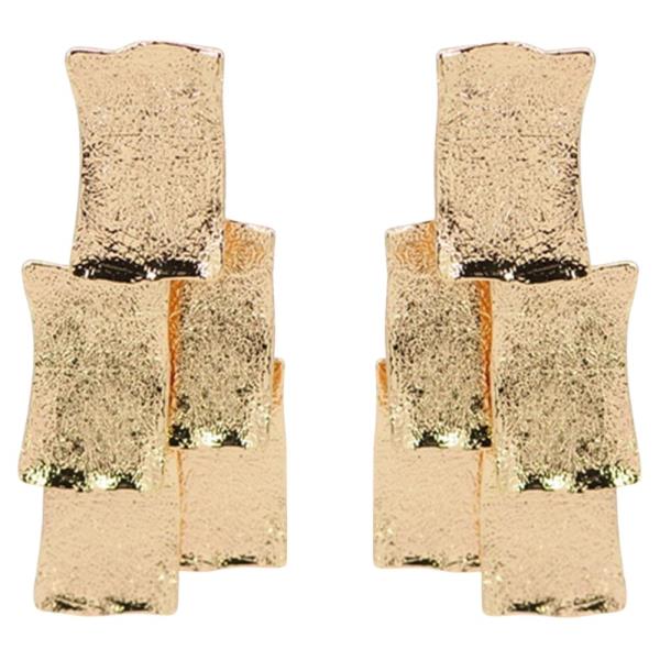 TEXTURED METAL RECTANGULAR LAYERED DANGLE HOOK EARRING