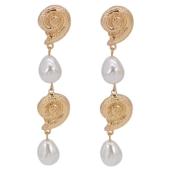 TEXTURED METAL FAUX PEARL SHELL SPIRAL DROP EARRINGS